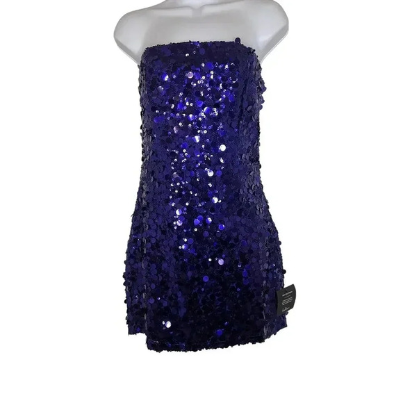 Lulu’s Glittery Persona Dark Blue Sequins Strapless Mini Dress, Mermaidcore - Picture 6 of 12